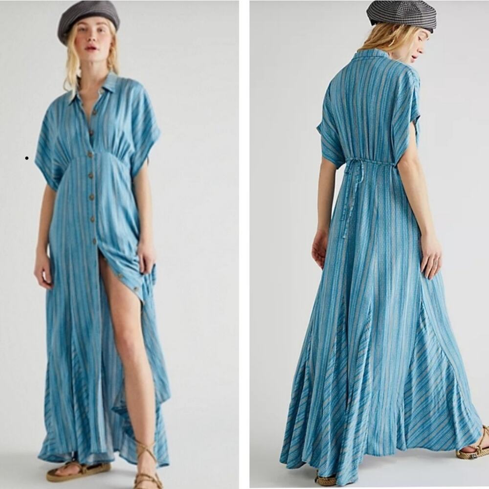NWT Free People Rowan Maxi Blue Stripe Dress with Pockets Size M